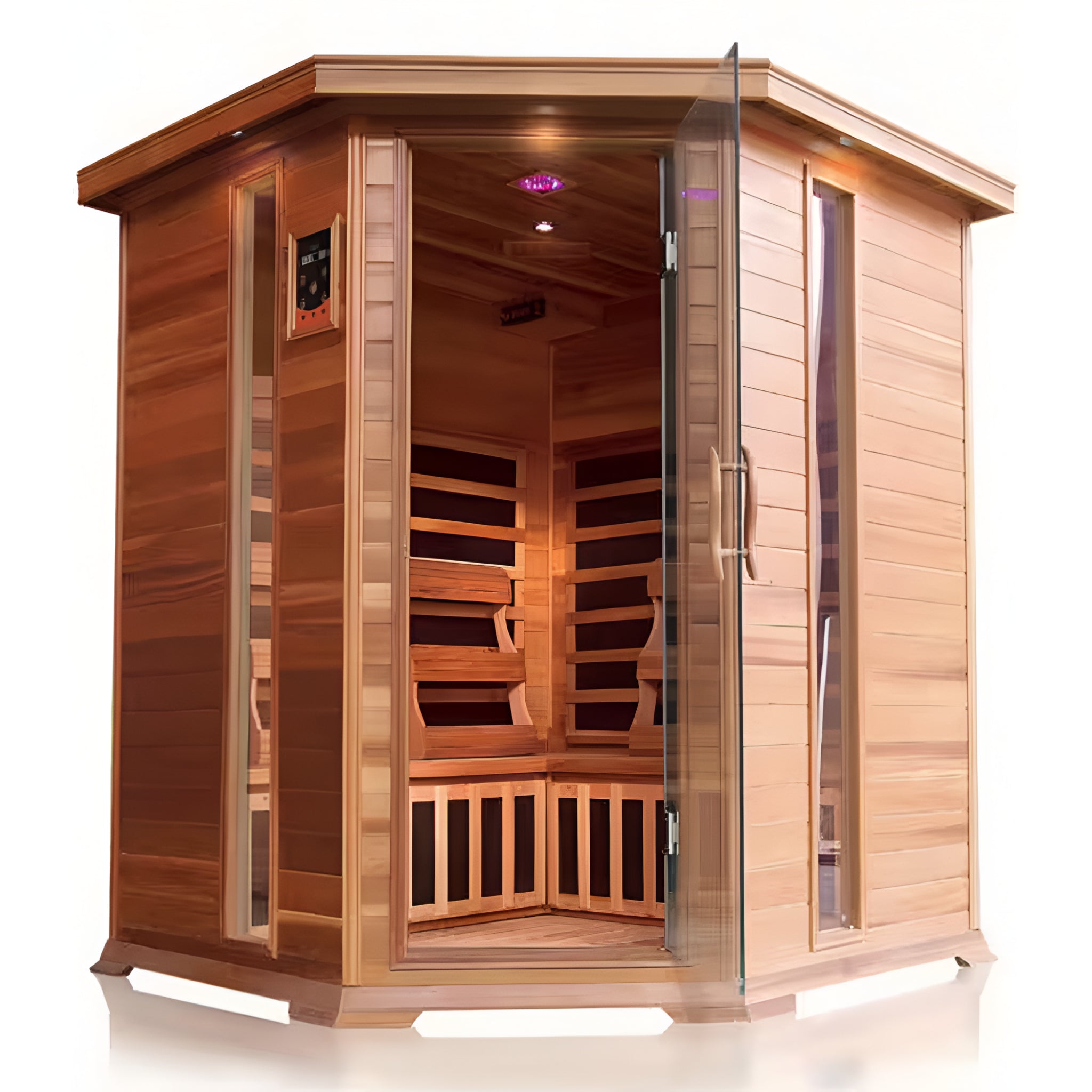 Sunray Saunas 4-Person Cedar Corner Infrared Sauna with Bluetooth Speakers and Carbon Heaters