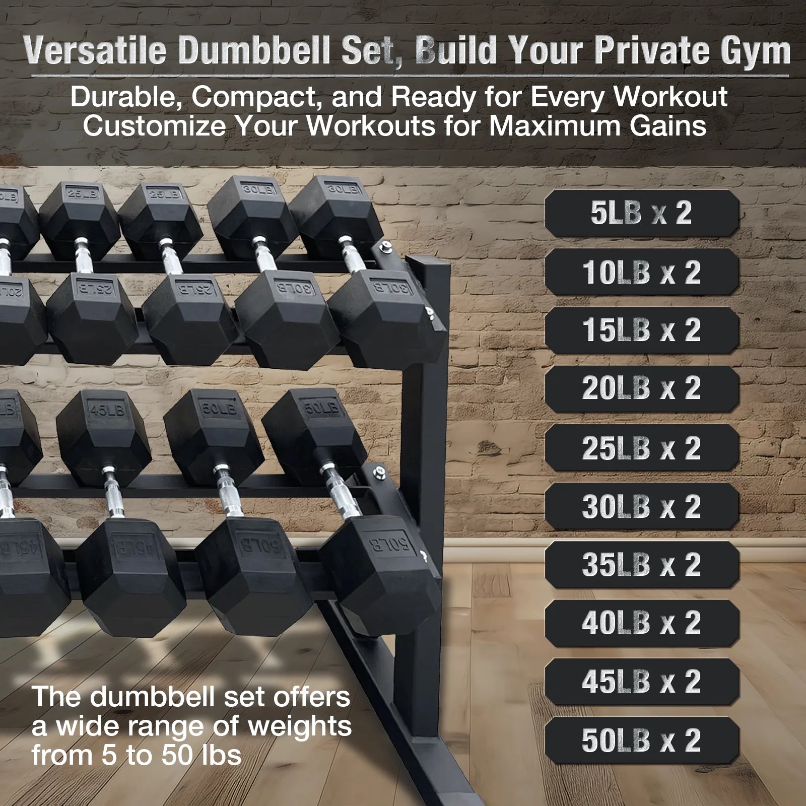 5–50 Lbs Dumbbells Weight Set (10 Pairs), 550 Lbs Hex Dumbbell Sets, Gyms Weights Dumbbells Sets, Weight Set for Home Gym, Strength Training
