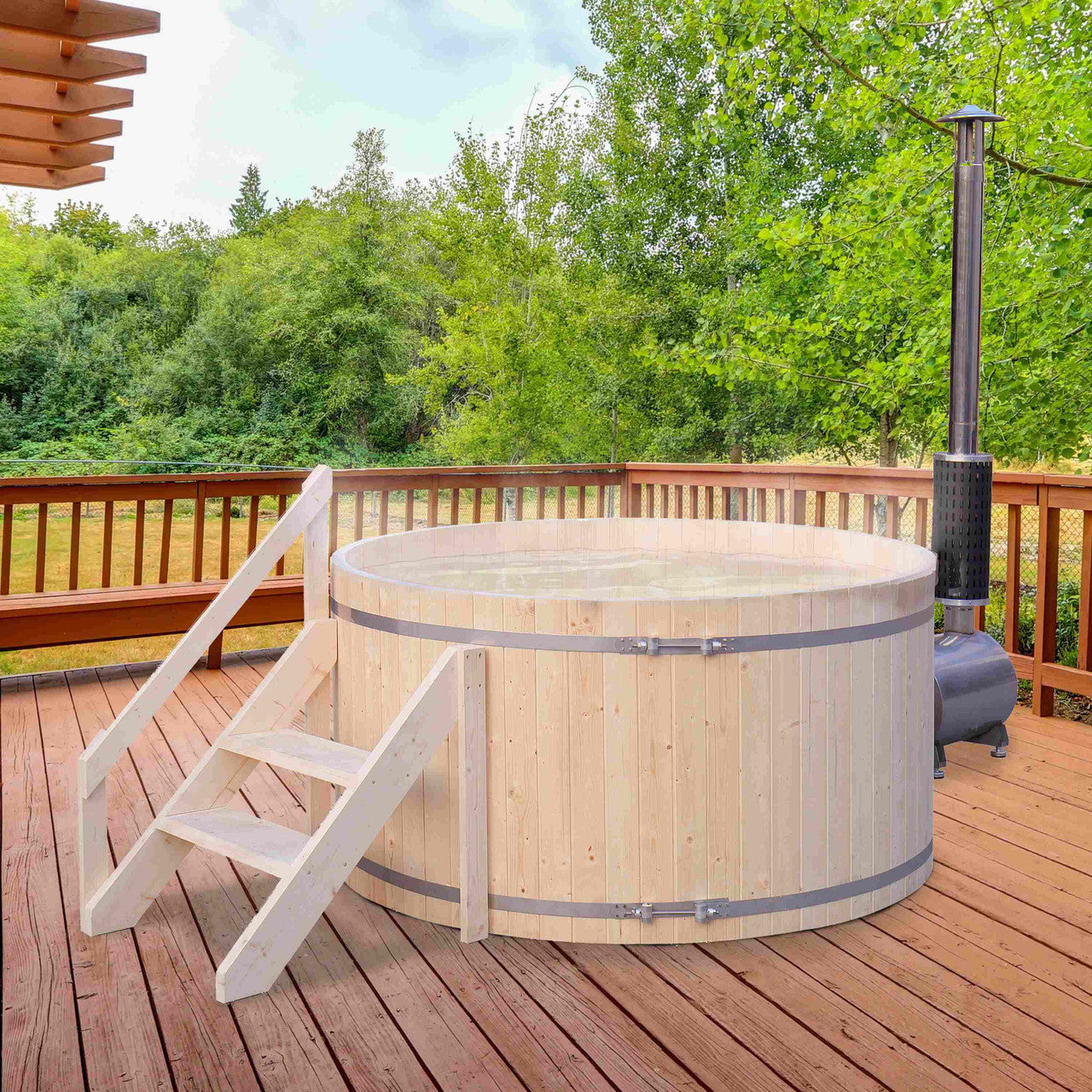 ALEKO Round Pine Wood-Fired Hot Tub & Cold Plunge Tub