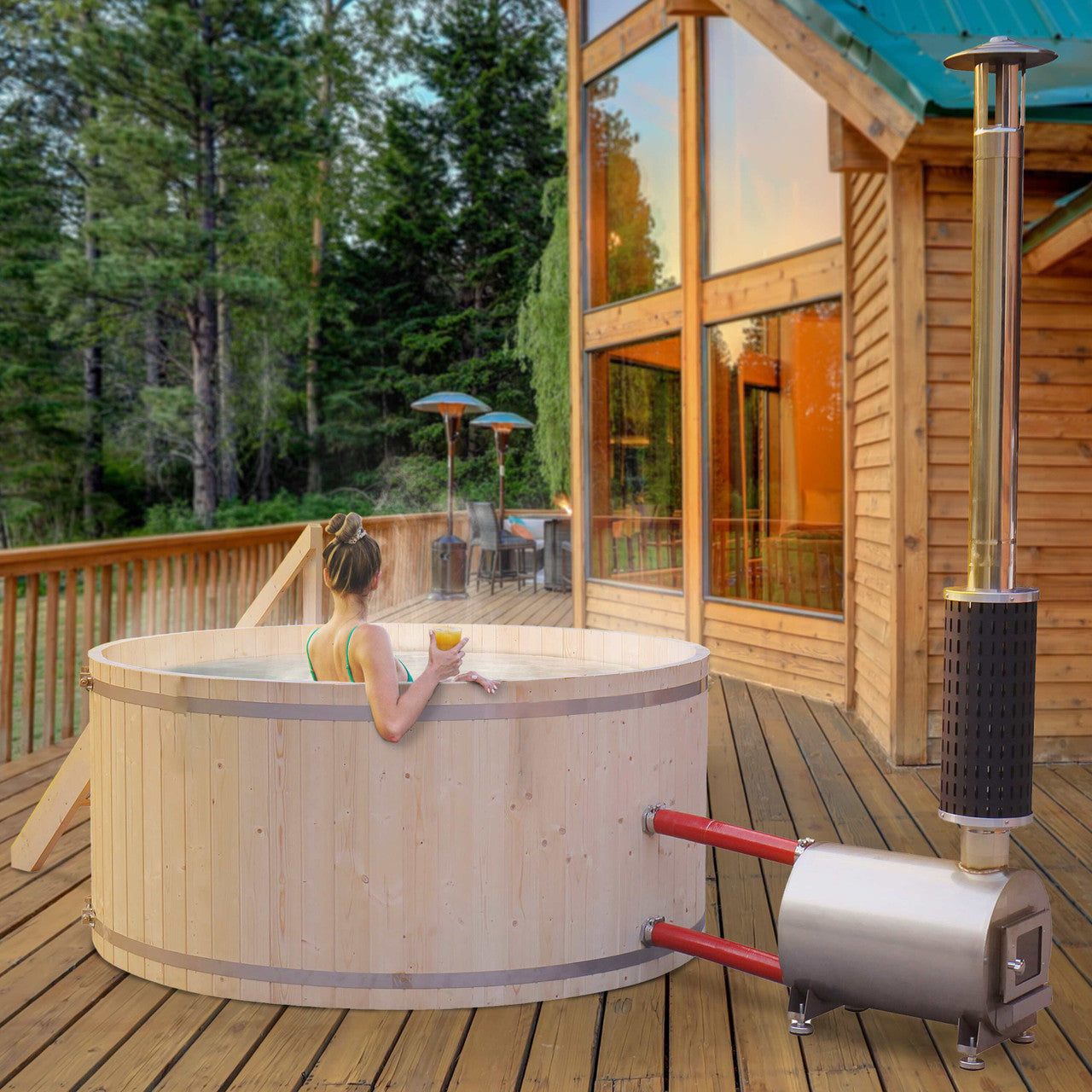 ALEKO Round Pine Wood-Fired Hot Tub & Cold Plunge Tub