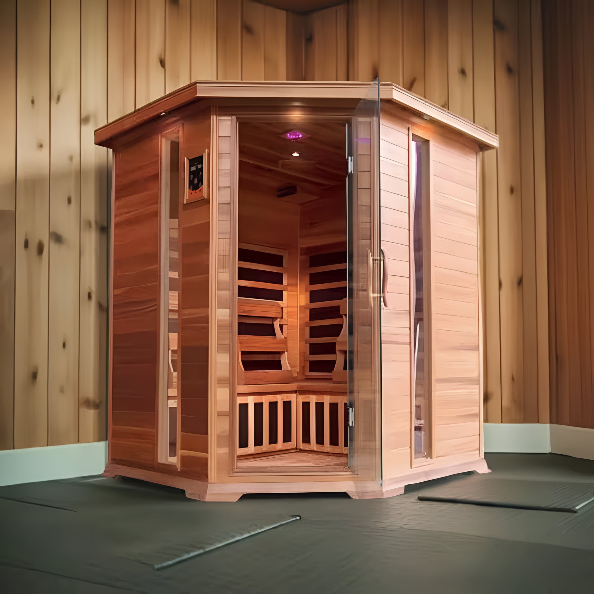 Sunray Saunas 4-Person Cedar Corner Infrared Sauna with Bluetooth Speakers and Carbon Heaters