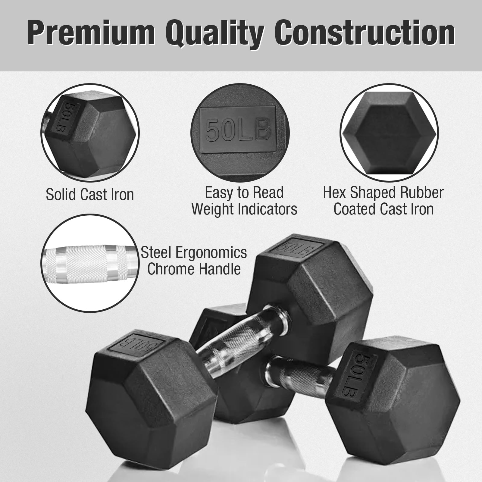 5–50 Lbs Dumbbells Weight Set (10 Pairs), 550 Lbs Hex Dumbbell Sets, Gyms Weights Dumbbells Sets, Weight Set for Home Gym, Strength Training