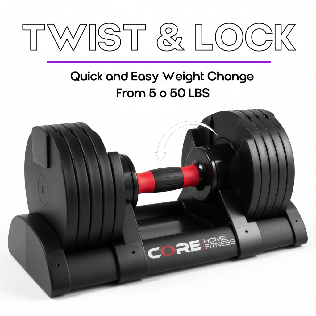 Core Home Fitness Adjustable Dumbbell Set 5–50 lb Pair for Home Gym Strength Training with Twist Handle Adjustment